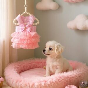 Adorable Pink and White Striped Seersucker and Tulle Small Pet Dress
